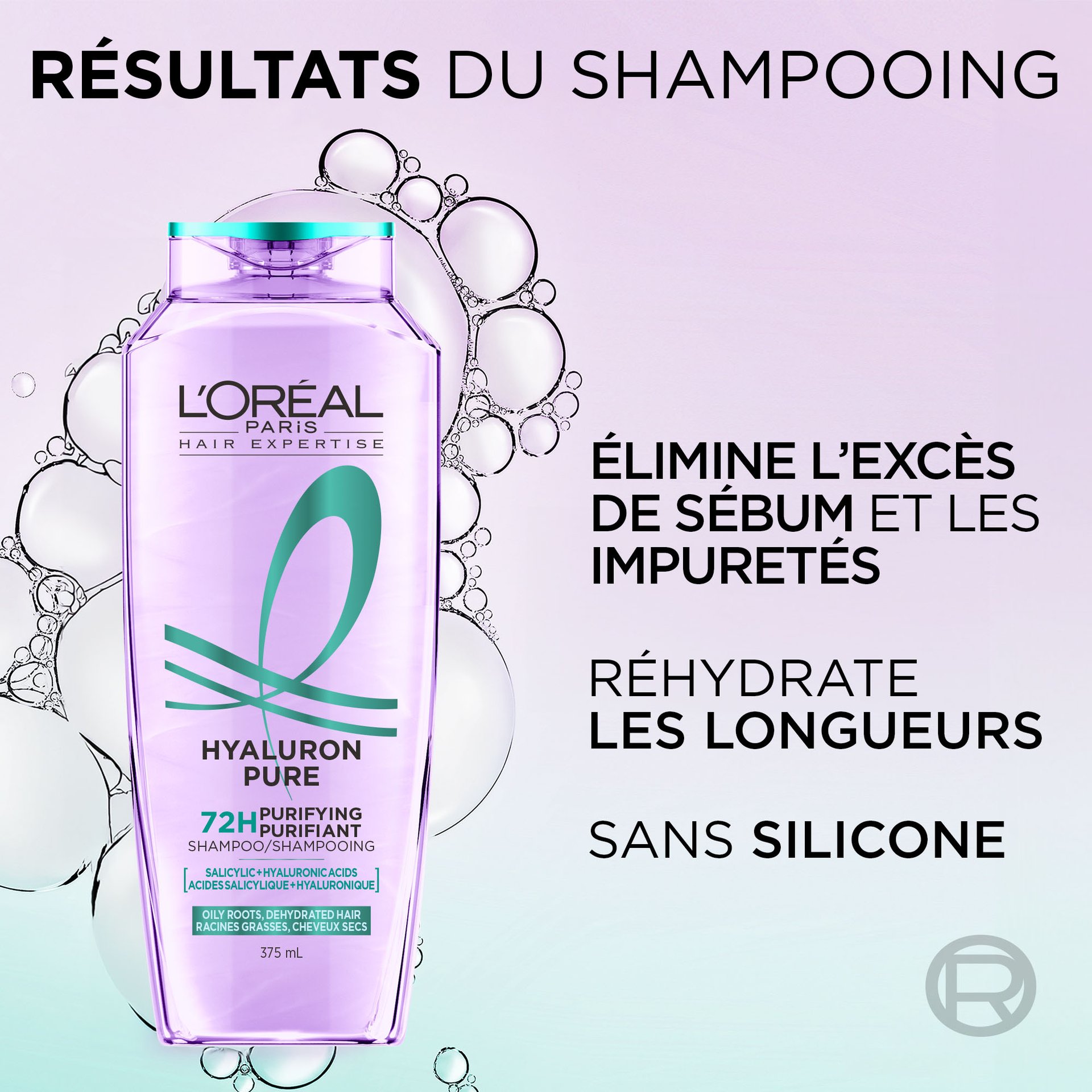 1 bouteille de shampoing hyaluron pure qui permet d'éliminer le sébum et les impuretés et qui réhydrate les longueurs